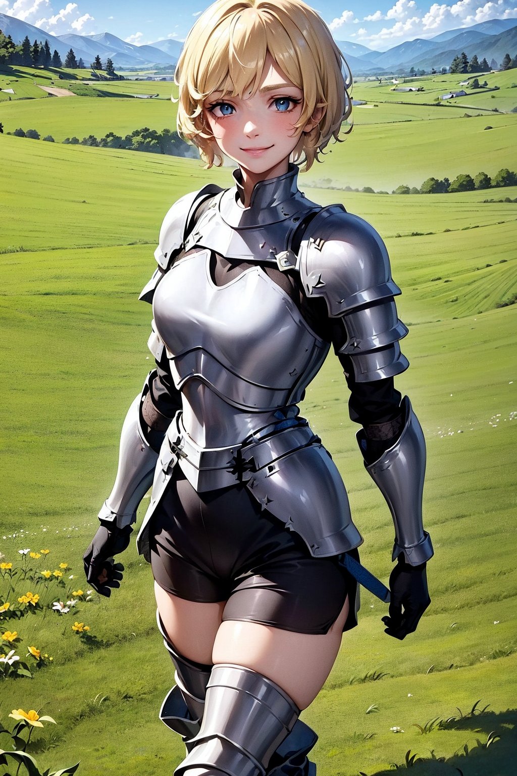 1 young blonde, (short hair), blue eyes, ((curious expression)), (smiling look), (medieval combat clothing), (tight black shorts), (covered by light metal armor), (clothes black top), (long sleeve), (standing walking) ((in the middle of a meadow)), (grass), (((beautiful day))), high quality, work of art.