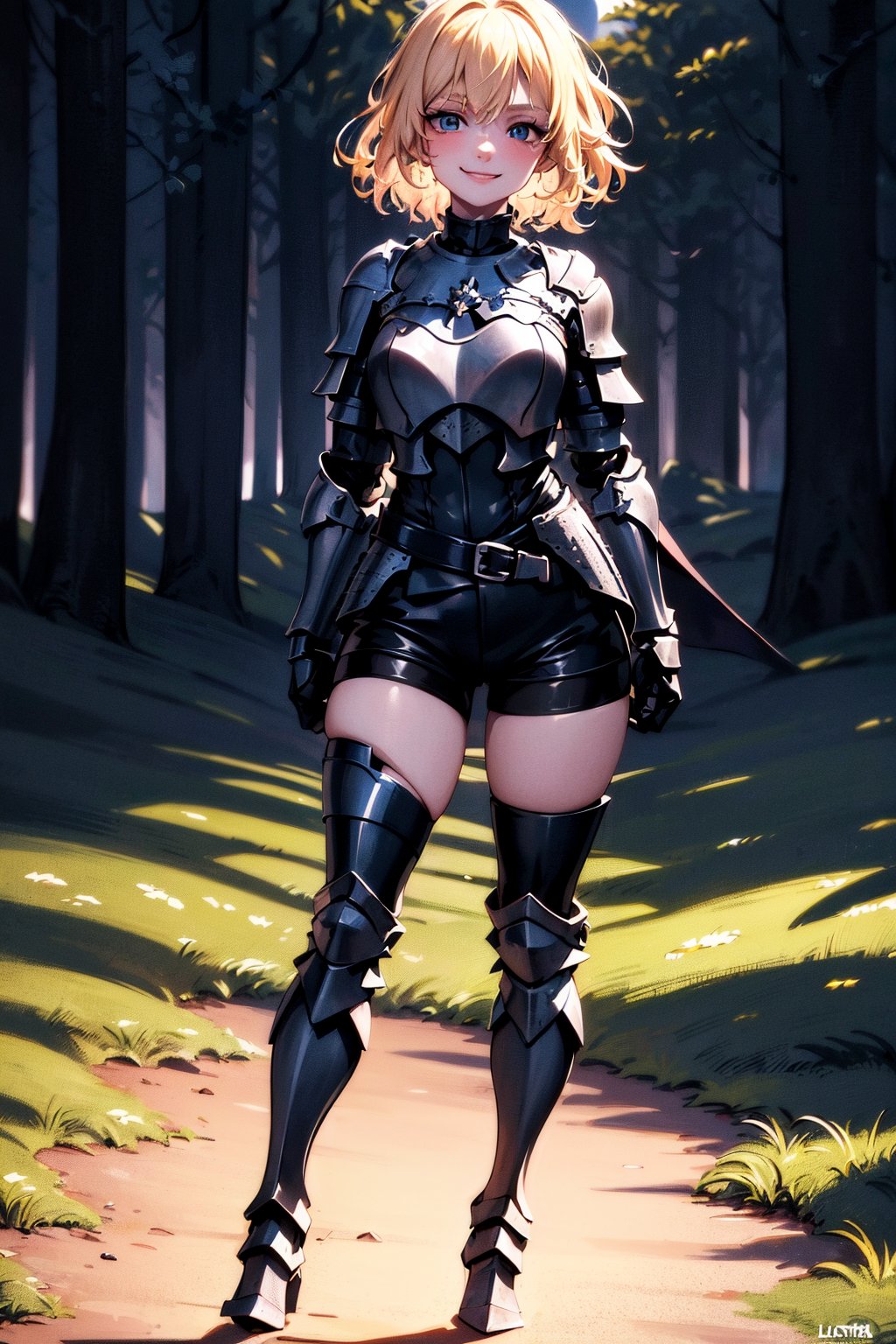 young blonde, (short hair), blue eyes, ((joyful expression)), (smiling look), (medieval combat clothing), (tight black shorts), (full body covered by light metal armor) , (black top clothing), (long sleeve), (standing in joyful position, fists clenched) ((in the middle of a dark forest)), (((at night))), high quality, work of art.