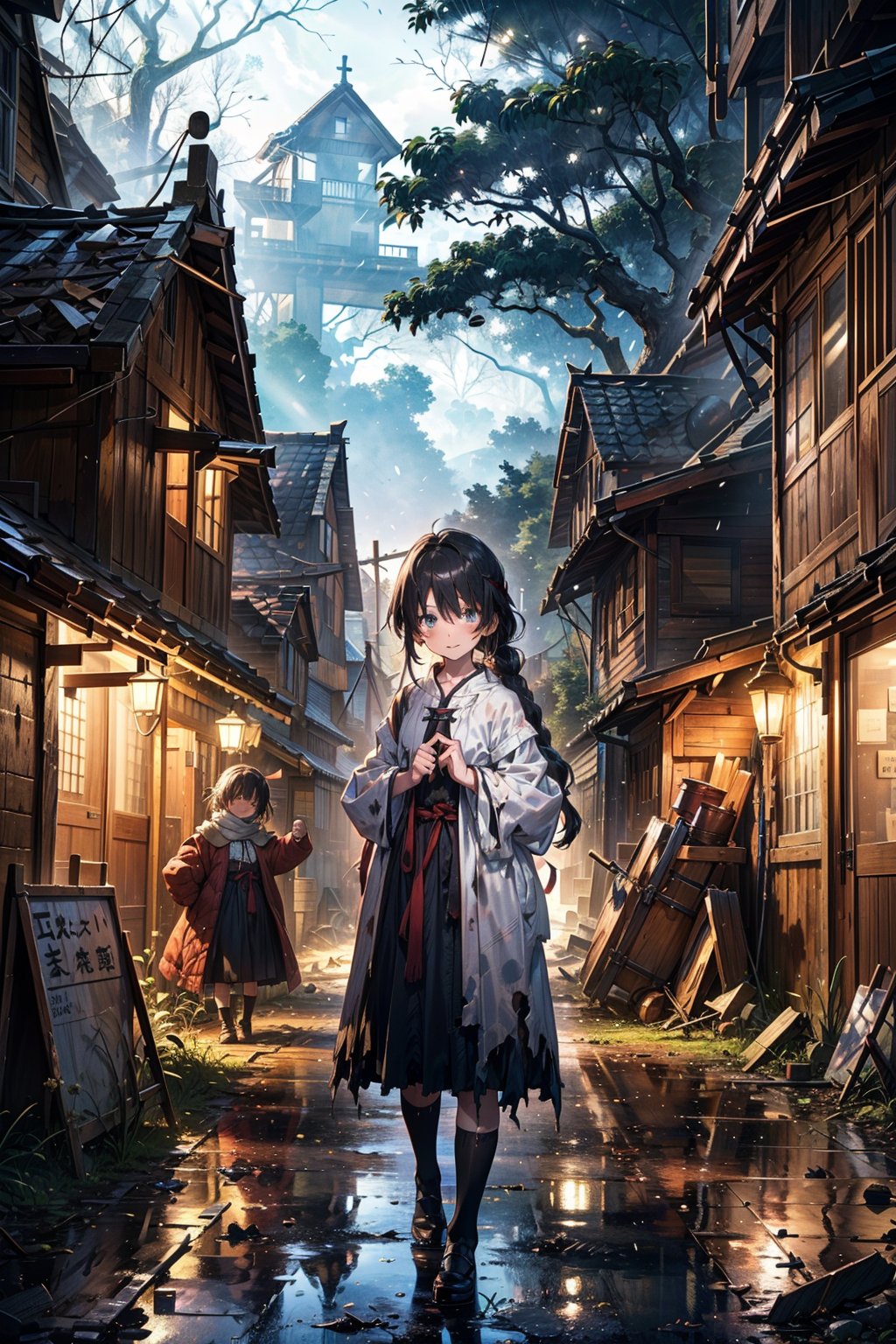 (little girl), (8 years old), (black hair tied up), (suit), (medieval, ancient dress), (peasant clothing) ((clothing color, black bottom and white top)), happy expression, ( (destroyed and abandoned village)), destroyed houses without light (forest), (at night), (small scratches) on the face and clothes.