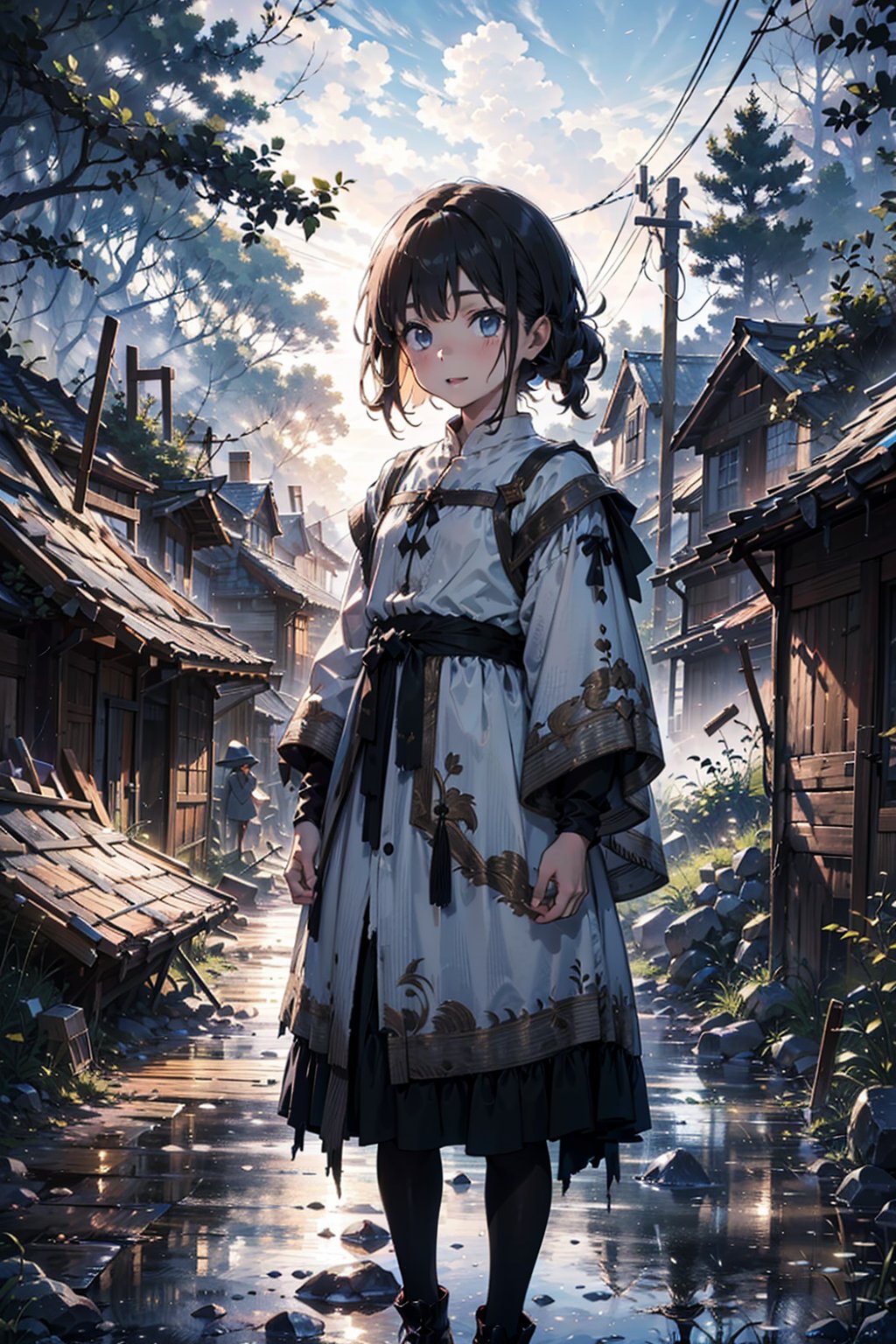 (little girl), (8 years old), (black hair), (costume), (medieval, ancient dress), (peasant clothing) ((clothing color, black and white)), happy expression, ((destroyed village )), destroyed houses without light (forest, at night), (small scratches) on the face and clothes.