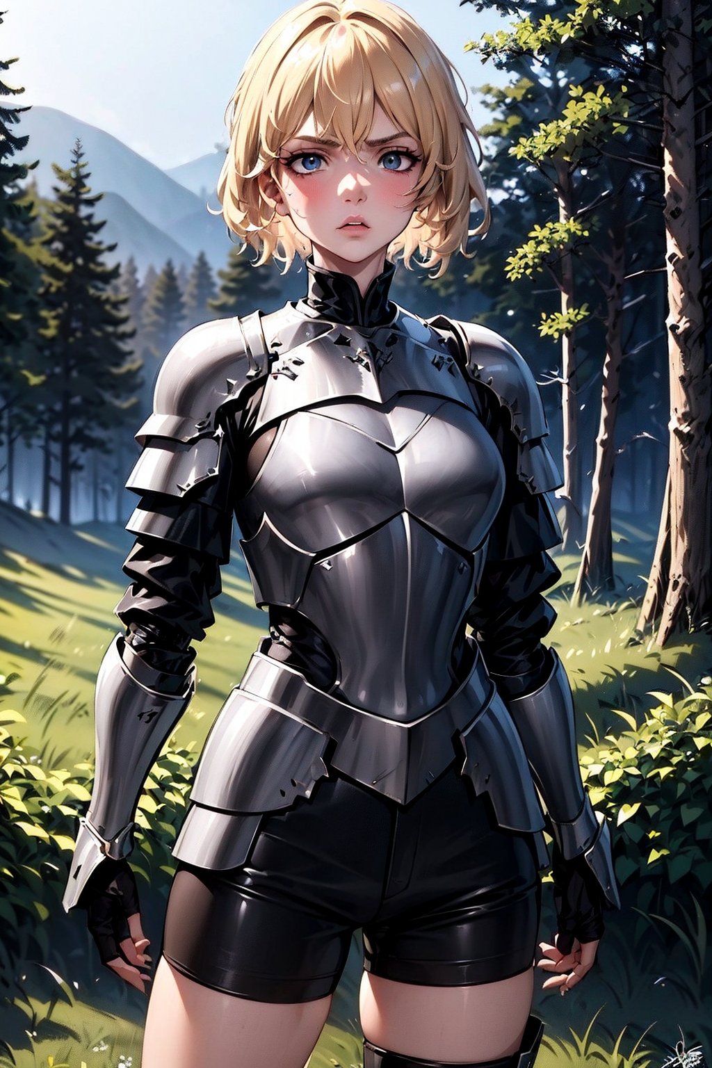 young blonde, (short hair), blue eyes, ((serious look expression)), (challenging look), (medieval combat clothing), (tight black shorts), (covered by light metal armor), (clothing black top), (long sleeve), (standing in combat position) ((in the middle of a forest)), (destroyed houses around him) (((at night))), high quality, work of art.