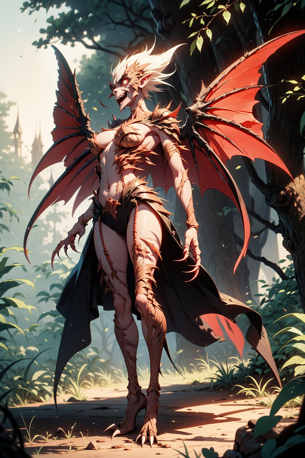 ((creature)), looking like a man, pale, (long arms), (long legs), large wings on the back, (malnourished), (large mouth), (sharp teeth), red eyes and macabre look, fingers long, claws, at night in the dark, trees in the background.