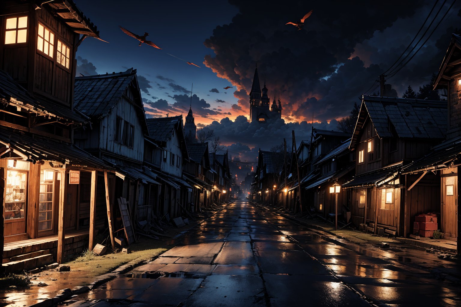 (small destroyed town) scene of a town that was destroyed and conquered by demonic creatures with wings, destroyed wooden houses, dull dusk environment, poor lighting, dirt road, trees.