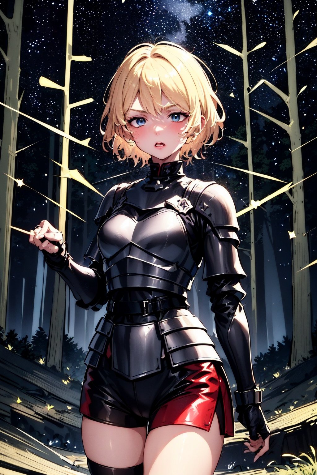 young blonde, (short hair), blue eyes, (expression on her face of enthusiasm, determined) happy with angry look, red cheeks, (medieval combat clothing), (black, tight shorts), (covered by armor of light metal), (black top clothing), (long sleeve), ((in a setting in the middle of a forest at night)), ((during the dark night)), (((starry night))), high quality , work of art.