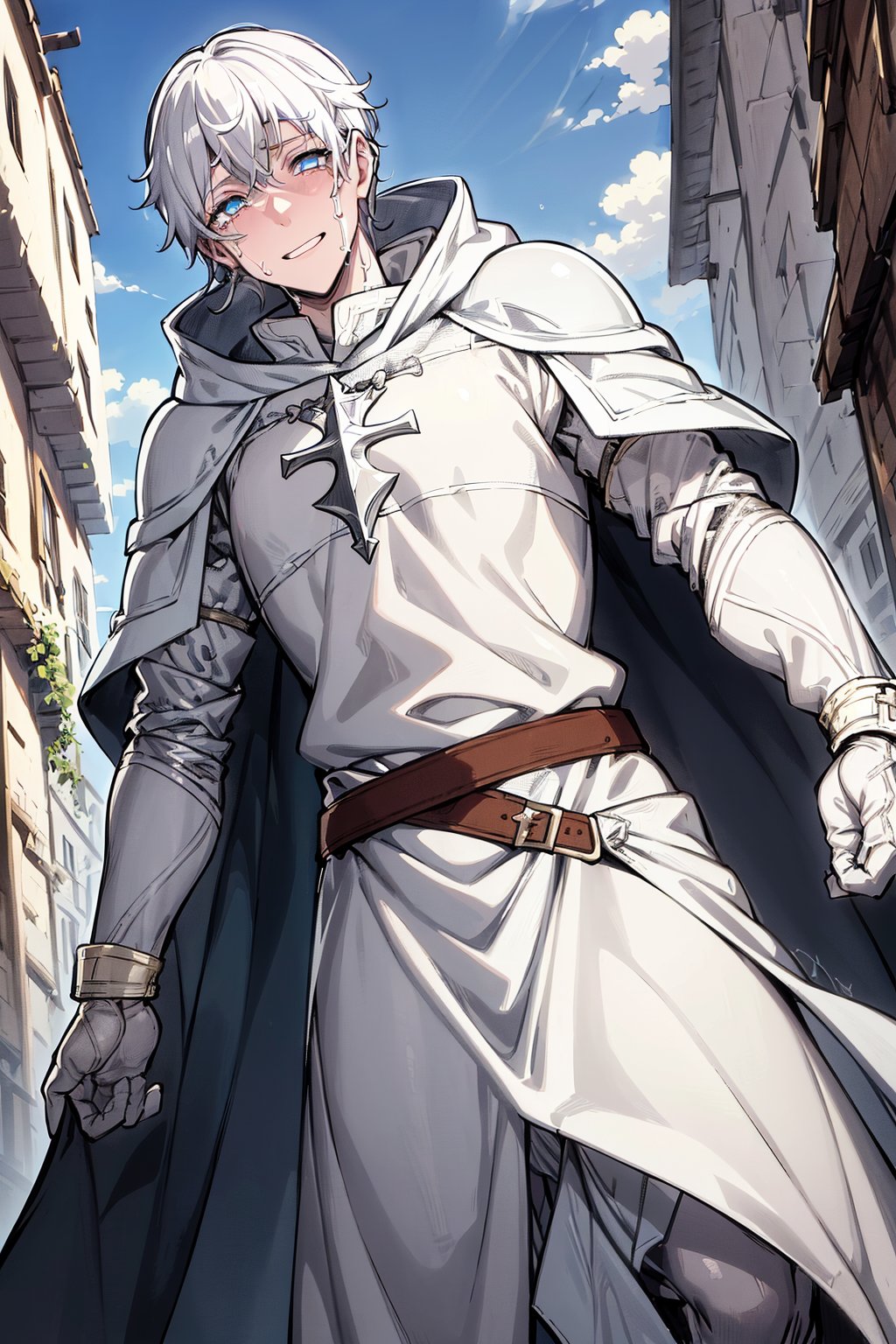 man, white hair, albino (happy expression, with tears in his eyes), dressed in ((silver armor)), (a light blue cloak), in the middle of a (medieval town),