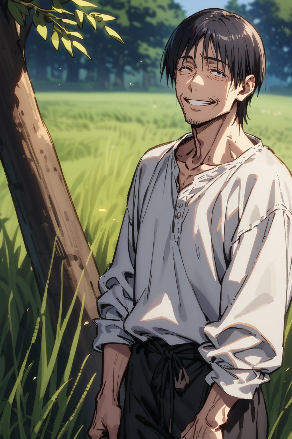 Older man 40 years old, peasant, appearance: (thin), (emaciated), (dark circles) (beaten) (short black hair), (white shirt) (black cloth pants), happy and relieved expression, outside grass, trees , dark sky.