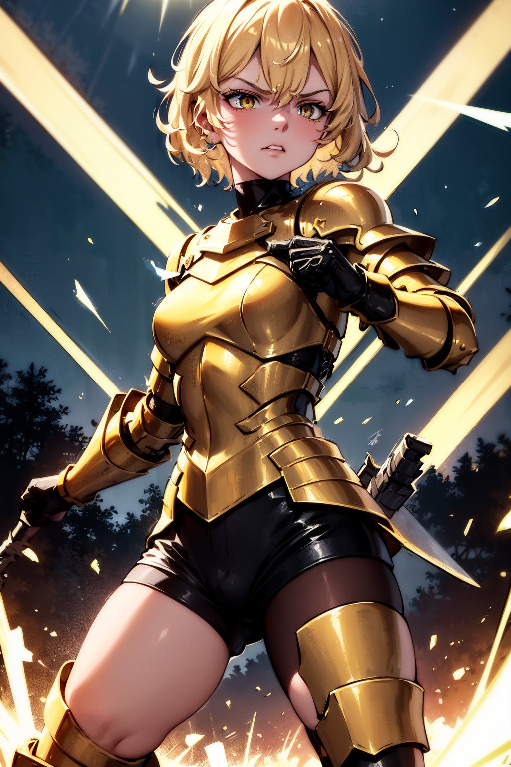 young blonde, ((surrounded by a yellow aura of power all over her body)), (short hair), blue eyes, ((angry expression)), (warm gaze, slight smile), exhausted, (medieval combat clothing ), (tight black shorts), (covered by light metal armor), (black upper clothing), (long sleeve), (standing in combat stance)) (scratches, wound)), (in the middle of a dark forest), ((at night)).