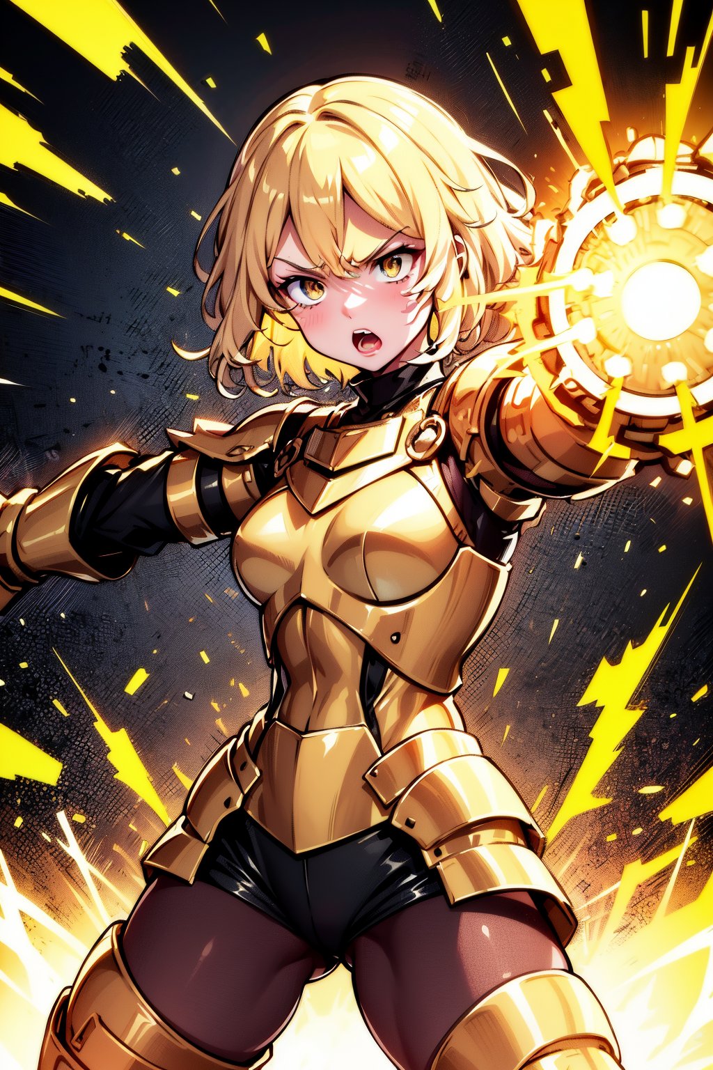 young blonde, ((surrounded by a yellow aura of power all over her body)), (short hair), blue eyes, ((angry expression)), (challenging look), (mouth open, screaming)(throwing fists) , (medieval combat clothing), (tight black shorts), (covered by light metal armor), (black upper clothing), (long sleeve), (standing in combat stance)) (scratches, wound) ), (in the middle of a dark forest), ((at night)).