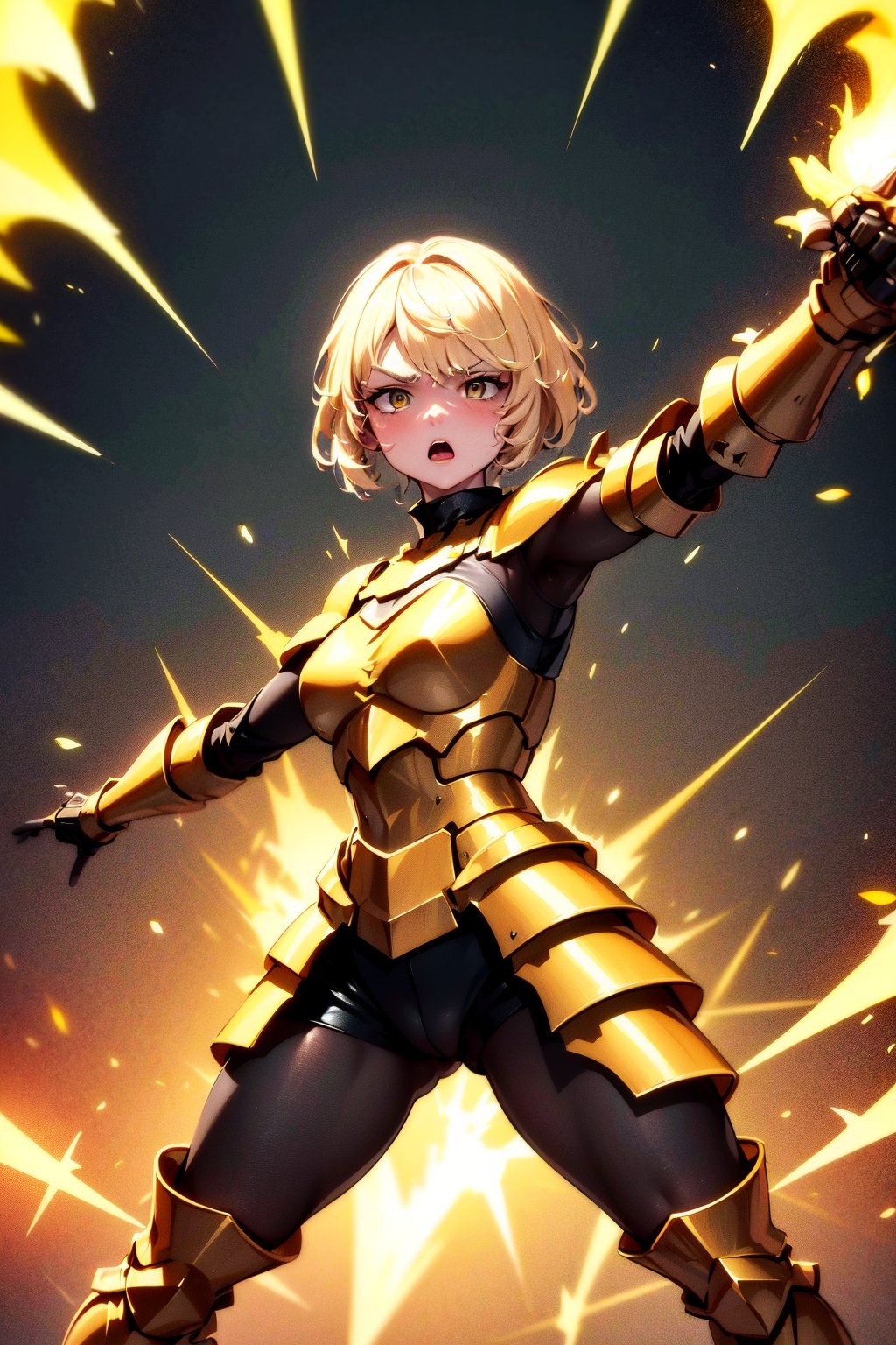 young blonde, ((surrounded by a yellow aura of power throughout her body)), ((veins all over her body)), (short hair), blue eyes, ((expression of fury, anger)), (challenging look) , (medieval combat clothing), (tight black shorts), (covered by light metal armor), (black upper clothing), (long sleeve), (standing in combat stance)) (scratches, wound) ), (in the middle of a dark forest), ((at night)).