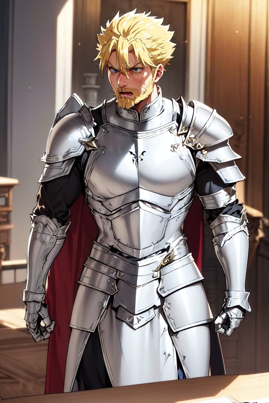 1 man, ((King appearance)), (Blond hair, blonde beard,) 50 years old, blue eyes, clothing ((silver armor)) that reflects his body in excellent condition, red cape with white edges, (( a crown , large, made of gold with embedded pearls), an angry look, (((slapping heavily on a large round table))) in an office, interior of a room,