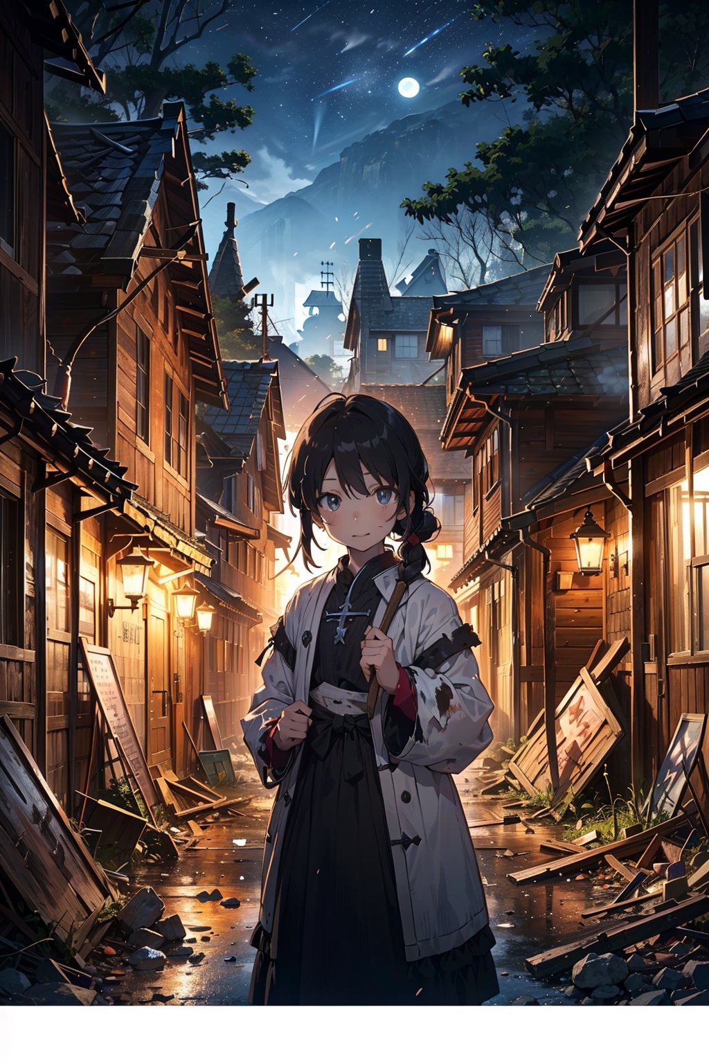 (little girl), (8 years old), (black hair tied up), (suit), (medieval, ancient dress), (peasant clothing) ((clothing color, black bottom and white top)), happy expression, ( (destroyed and abandoned village)), destroyed houses without light (forest), (at night), (small scratches) on the face and clothes.