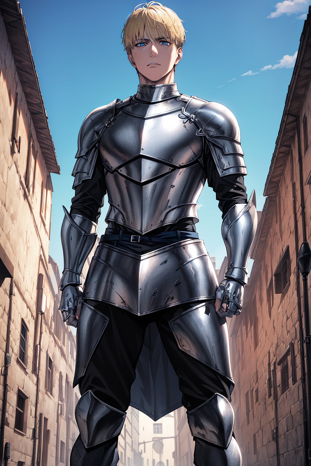 man, blonde, blue eyes, short hair (serious expression), dressed in ((silver armor)), long black pants, red belt, in the middle of a (medieval town),