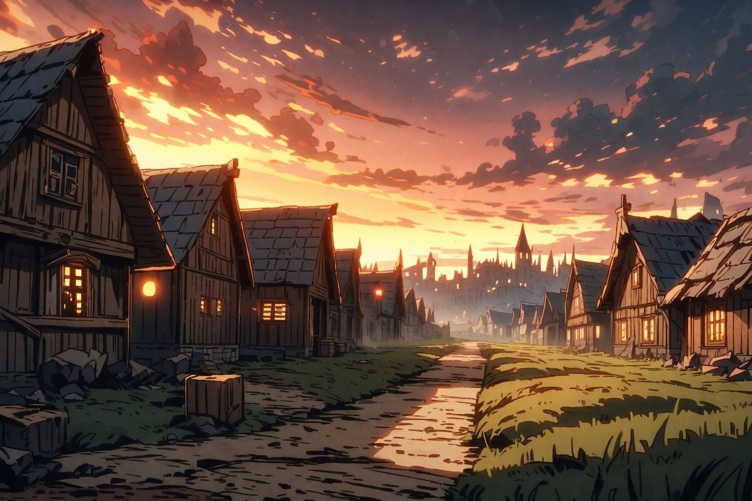 (small destroyed town), ((medieval era)), scene of a town that was destroyed, humble wooden houses destroyed, sunset atmosphere illuminated by the flames of the destroyed houses, dirt road, trees, dark feeling, anime style, world without technology.