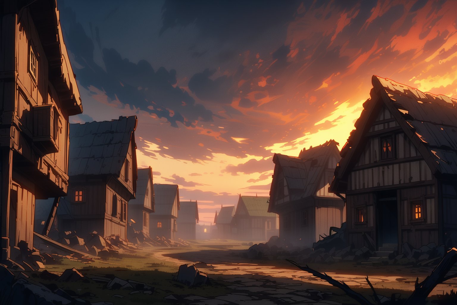 (small destroyed town), ((medieval era)), scene of a town that was destroyed, humble wooden houses destroyed, sunset atmosphere illuminated by the flames of the destroyed houses, dirt road, trees, dark feeling, anime style, world without technology.