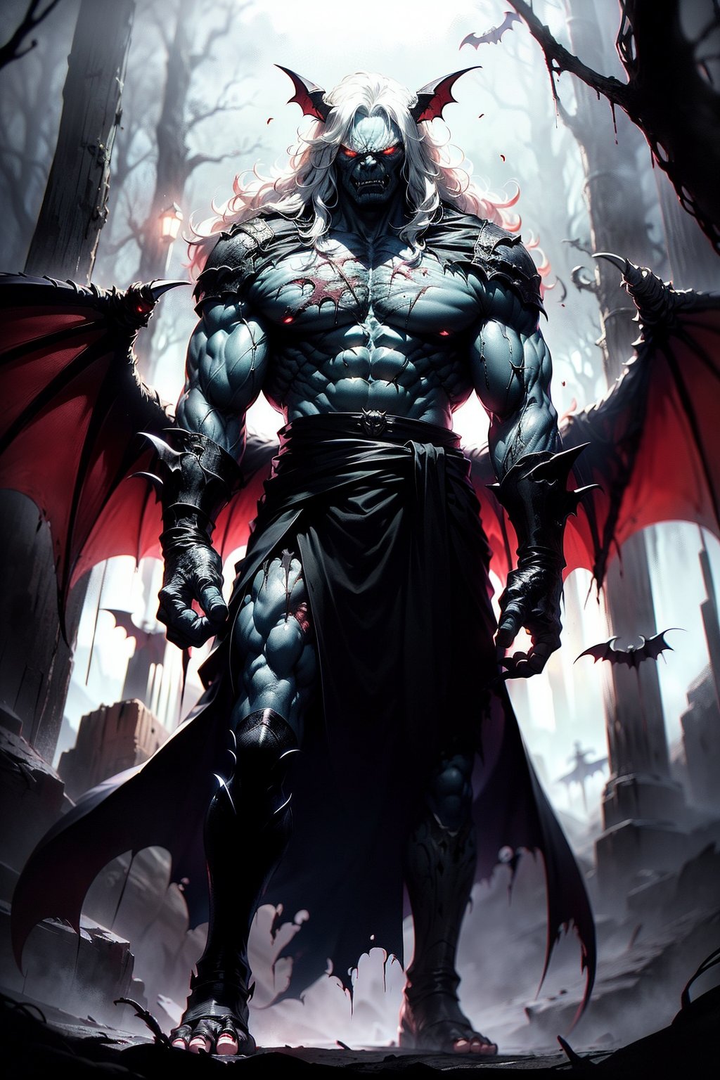 ((scary monster, appearance of a burly man) (vampire), (bat ears), ((angry look)), (angry expression), (fangs), (red eyes), (long white hair), (muscular body ), (protruding veins), tall, (bat wings), ((completely white, pale skin)), (claws on feet and hand), (an old, torn black tunic, on), standing in the middle from a dark forest, ((at night))