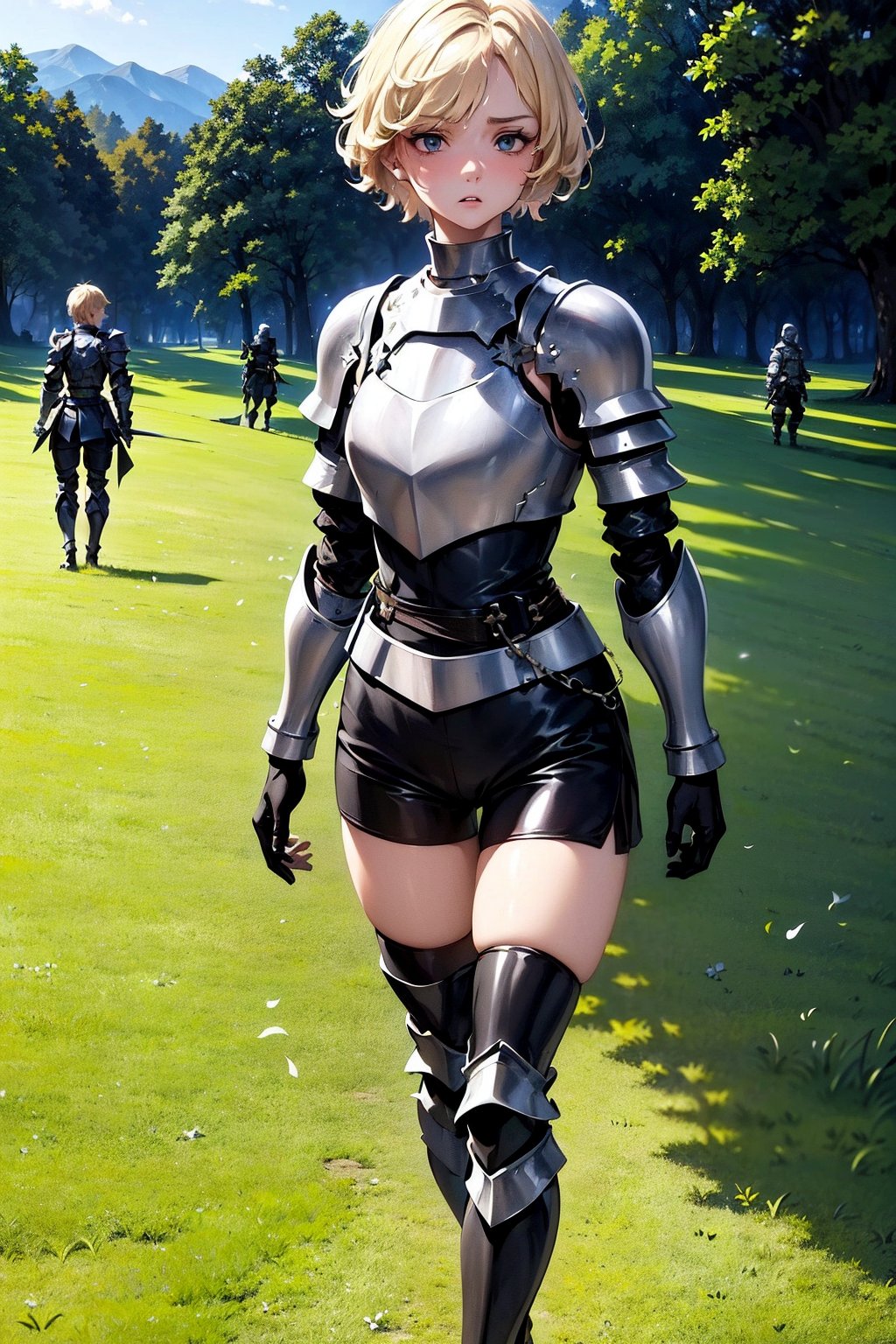 1 young blonde, (short hair), blue eyes, ((confused expression)), (thoughtful, curious look), (medieval combat clothing), (tight black shorts), (covered by light metal armor), (black top clothing), (long sleeve), (standing walking) ((in the middle of a meadow)), (grass), (trees), (((beautiful day))), high quality, work of art.