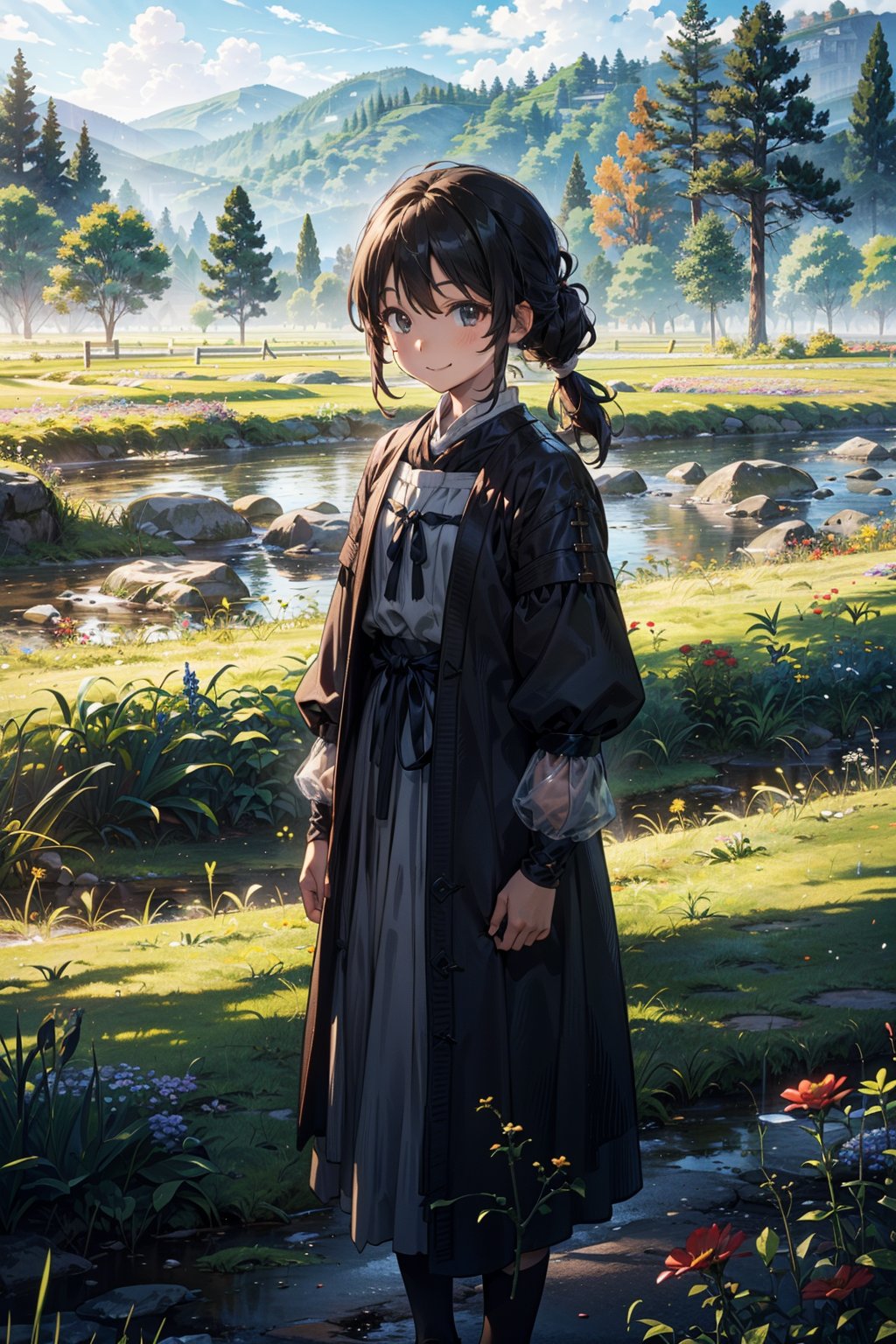 (1 girl), standing alone on a road (8 years old), (black hair tied up), (suit), (medieval, ancient dress), (peasant clothing) ((clothing color, black bottom and top white)), ((smiling expression)), ((in a field, plain, hills)), trees, flowers, (plain), (wind), (day), ((a beautiful day)), ( clear).