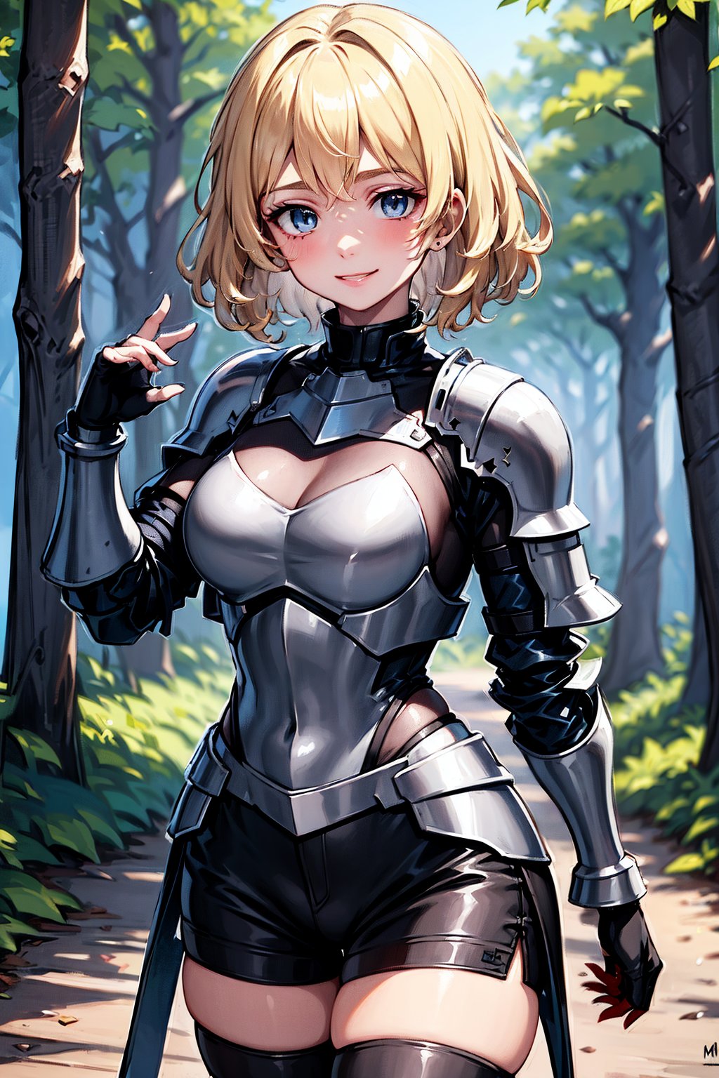 young blonde, (short hair), blue eyes, (expression on her face smiling, happy, red cheeks, (medieval combat clothing), (tight black shorts), (covered by a light metal armor that covers her entire chest and shoulders), (black top clothing), (long sleeve), ((in a secluded environment in the middle of a dark forest at night)), ((during the dark night)), high quality.