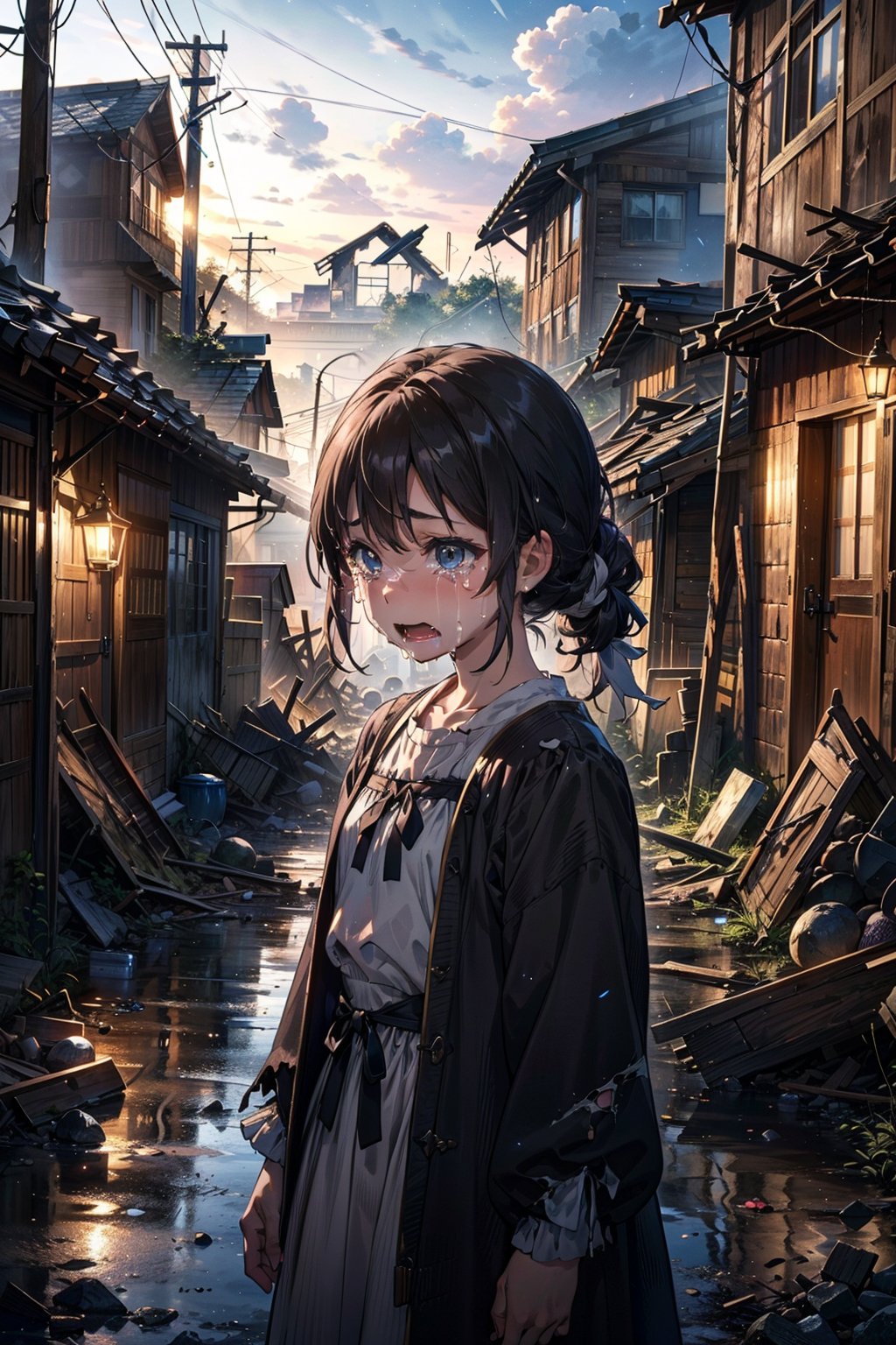 (1 girl), alone (8 years old), (black hair tied up), (suit), (medieval, ancient dress), (peasant clothing) ((clothing color, black bottom and white top)), ( (crying expression, tears)), ((destroyed and abandoned town)), destroyed houses without light (forest), (at night), (small scratches) on the face and clothes.