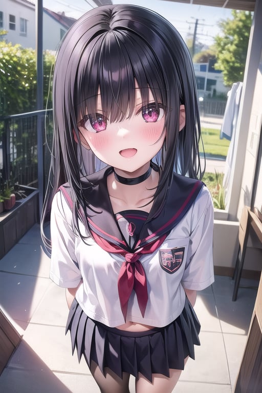 1girl, hair_over_eyes, solo, black_hair, long_hair, looking_at_viewer, blush, shy, eyes_visible_through_hair, bangs, open_mouth, choker, red_eyes, blunt_bangs, smile, black_choker, Mob chan, Hair over eyes,hair covering eyes, nude, navel, bathroom, hip_lines, completely_nude, naked, hand behind back, petite, female kid, streaked_hahair, outdoors, kindergrarten uniform, school_uniform, pleated_skirt, Loli uniform