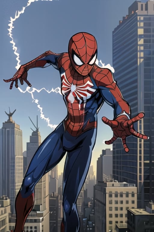 in retro anime ,spideyadv2 in new york city Soiderman swaying with his webs Sunshine