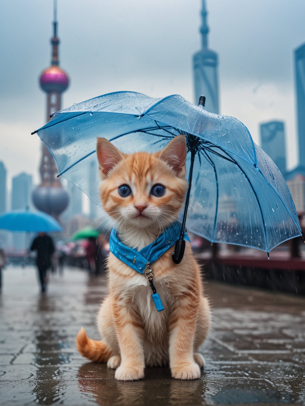 Long shot of character, movie style, cinematic lighting,A cute kitten, a  transparent umbrella in hand,Half body in blue river. In the background is the Shanghai Bund with landmarks such as the Oriental Pearl Tower.rainy day,
 (Masterpiece, award-winning work) many details, extremely meticulous, high quality,  real photo shot, art composition,more detail XL,,<lora:659095807385103906:1.0>