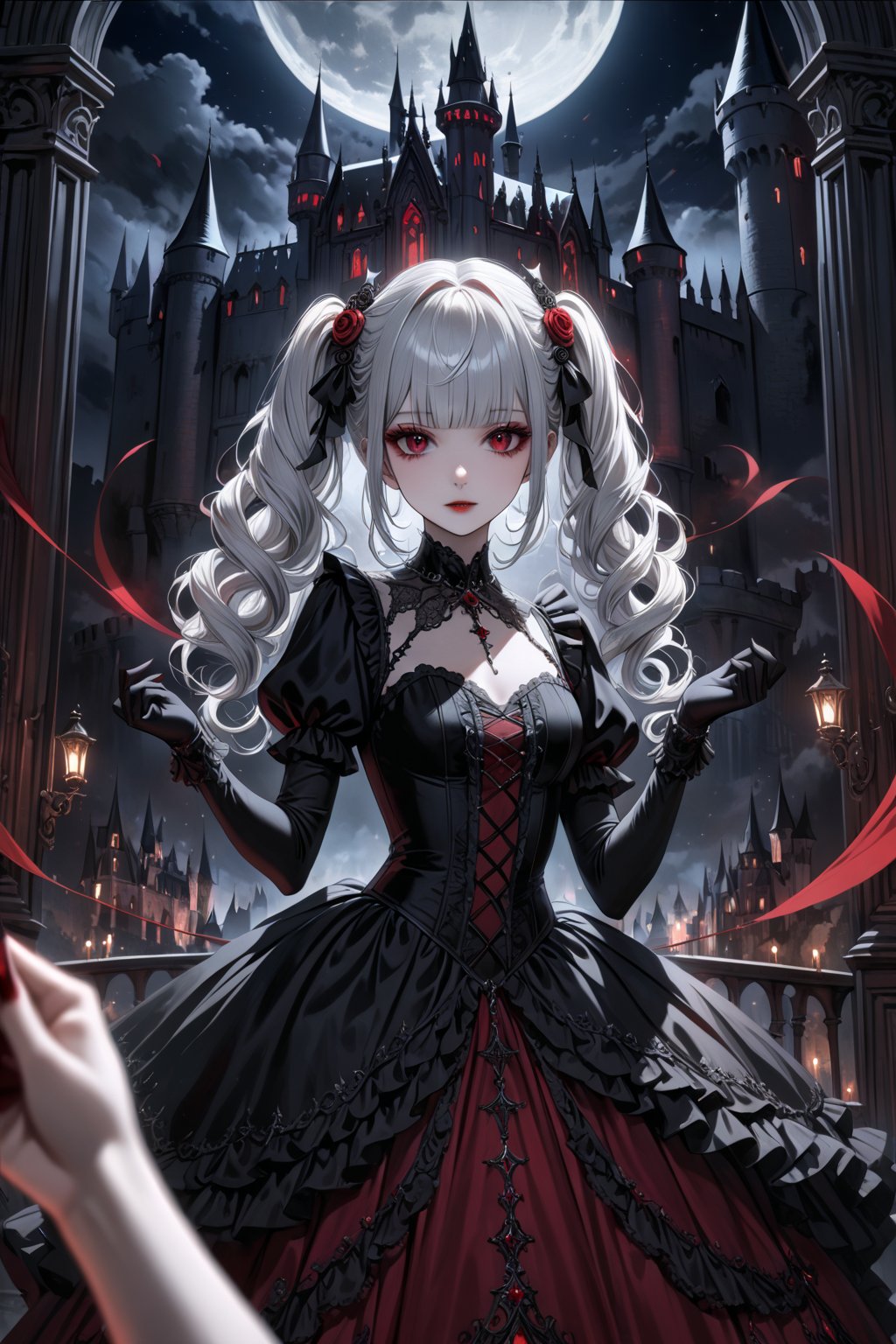 (masterpiece,ultra detailed,high-quality,8k,professional,UHD,)Gothic theme, dark theme, gothic makeup,hair ornaments, white hair,(blunt  bangs, curly hair,twin ponytails),red eyes,ruby-like eyes,gothic dress,Castle, moonlit night, Tensionous picture, dancing
