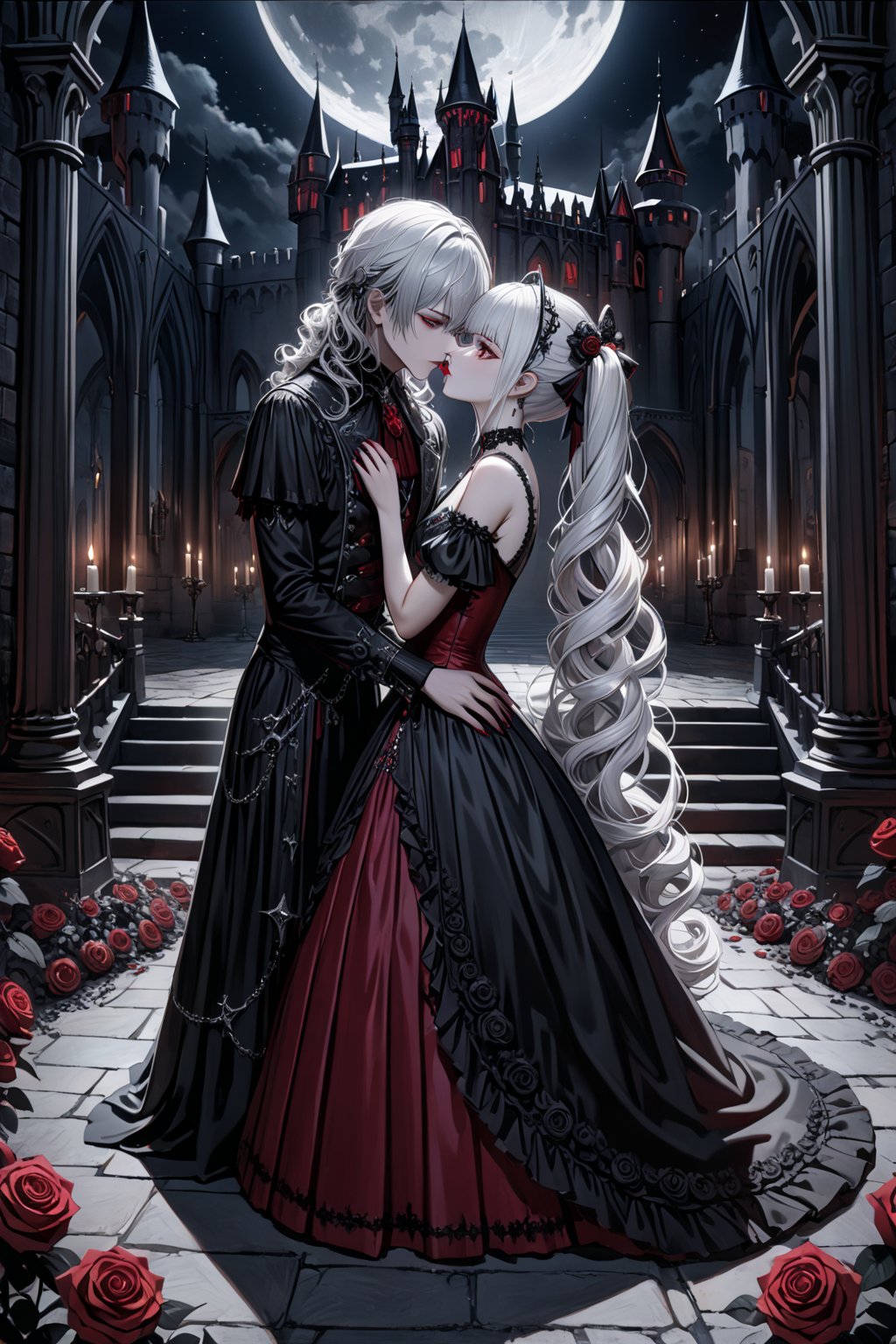 (masterpiece,ultra detailed,high-quality,8k,professional,UHD,)Gothic theme, dark theme, gothic makeup,hair ornaments, white hair,(blunt  bangs, curly hair,twin ponytails),red eyes,ruby-like eyes,gothic dress,Castle, moonlit night, Kneel down and kiss the roses
