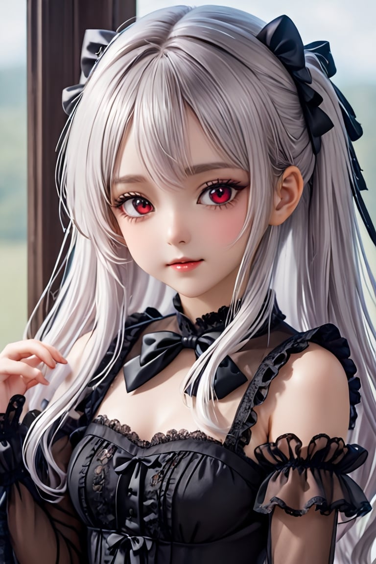 (photorealistic:1.4), (masterpiece, sidelights, exquisite gentle eyes), (character focus,face focus,close to viewer,portrait,masterpiece) ,anime colored,,cute face、 3D face,,(white hair,twintails,long hair),(1 girl),sleeping,(dark red eyes),gothic makeup,long and curly eyelashes,lolita headband,(upper body:1.5),(gothic black lace lolita dress:1.5),white skin,blush、hair ribbon、 (cute face),(light smile:1.5),Gentle face,(gradient background:1.5)、(glowing eyes)、 neat and clean、adorable、Slim Body,(tareme:1.5),shiny hair, shiny skin,niji,manga,From Behind,xxmix_girl,more detail XL,