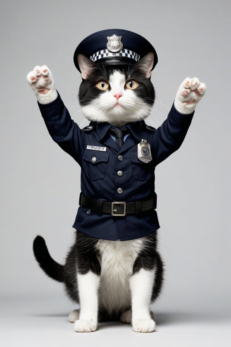 black and white cat, standing like a human ,arms stretched out, front view, cat in police officer costume, wearing police officer hat,studio light style photographic portrait, street,high resolution photo