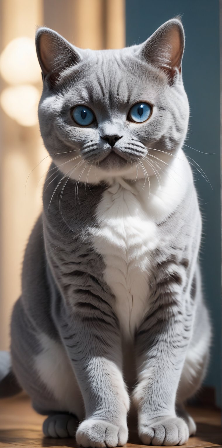 A whimsical blue-and-white British Shorthair cat poses confidently, its rounded eyes magnified for dramatic effect. Standing upright like a person, the cat's four limbs are splayed outwards, with its face directly facing the camera, as if sharing a secret. Soft lighting wraps around its fur, accentuating the subtle blue undertones.