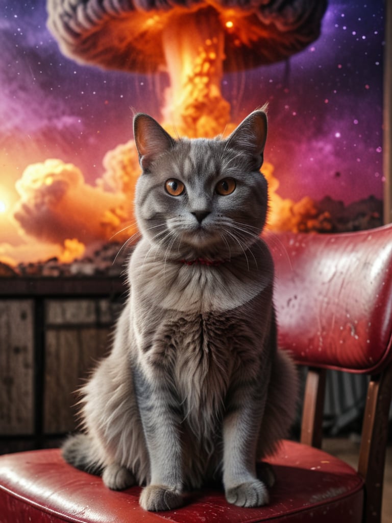 Red and Grey color graded glamour portrait photo of a freightened cat with hump sitting on a chair. infront of a nuclear mushroom cloud in the far, the end of humanity, perfect, almost ethereal, mysterious. Absurdres, 8K, UHD, many details, extreme detailed, full of details, Wide range of colors, HDR.. desert storm backdrop. throwing a translucent red/tanslucent purple/black, atmospheric haze, Film grain, cinematic film still, shallow depth of field, highly detailed, high budget, cinemascope, moody, epic, OverallDetail, gorgeous, 2000s vintage RAW photo, photorealistic, candid camera, color graded cinematic, eye catchlights, atmospheric lighting, skin pores, imperfections, natural, shallow dof, Behind him, the stars shimmer with distant promise, casting their ethereal light upon the scene. 
 (Masterpiece, award-winning work) many details, extremely meticulous, high quality,  real photo shot, art composition,more detail XL,,,,,,,<lora:659095807385103906:1.0>