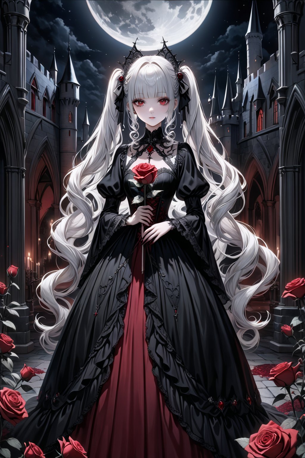(masterpiece,ultra detailed,high-quality,8k,professional,UHD,)Gothic theme, dark theme, gothic makeup,hair ornaments, white hair,(blunt  bangs, curly hair,twin ponytails),red eyes,ruby-like eyes,gothic dress,Castle, moonlit night, 
whole body,holding An unusually huge magic rose that glows