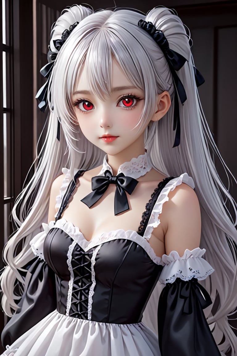 (photorealistic:1.4), (masterpiece, sidelights, exquisite gentle eyes), (character focus,face focus,close to viewer,portrait,masterpiece) ,anime colored,,cute face、 3D face,,(white hair,twintails,long hair),(1 girl),standing,(dark red eyes),gothic makeup,long and curly eyelashes,lolita headband,(upper body:1.5),(gothic black lace lolita dress:1.5),white skin,blush、hair ribbon、 (cute face),(light smile:1.5),Gentle face,(gradient background:1.5)、(glowing eyes)、 neat and clean、adorable、Slim Body,(tareme:1.5),shiny hair, shiny skin,niji,manga,From Behind,xxmix_girl,more detail XL,