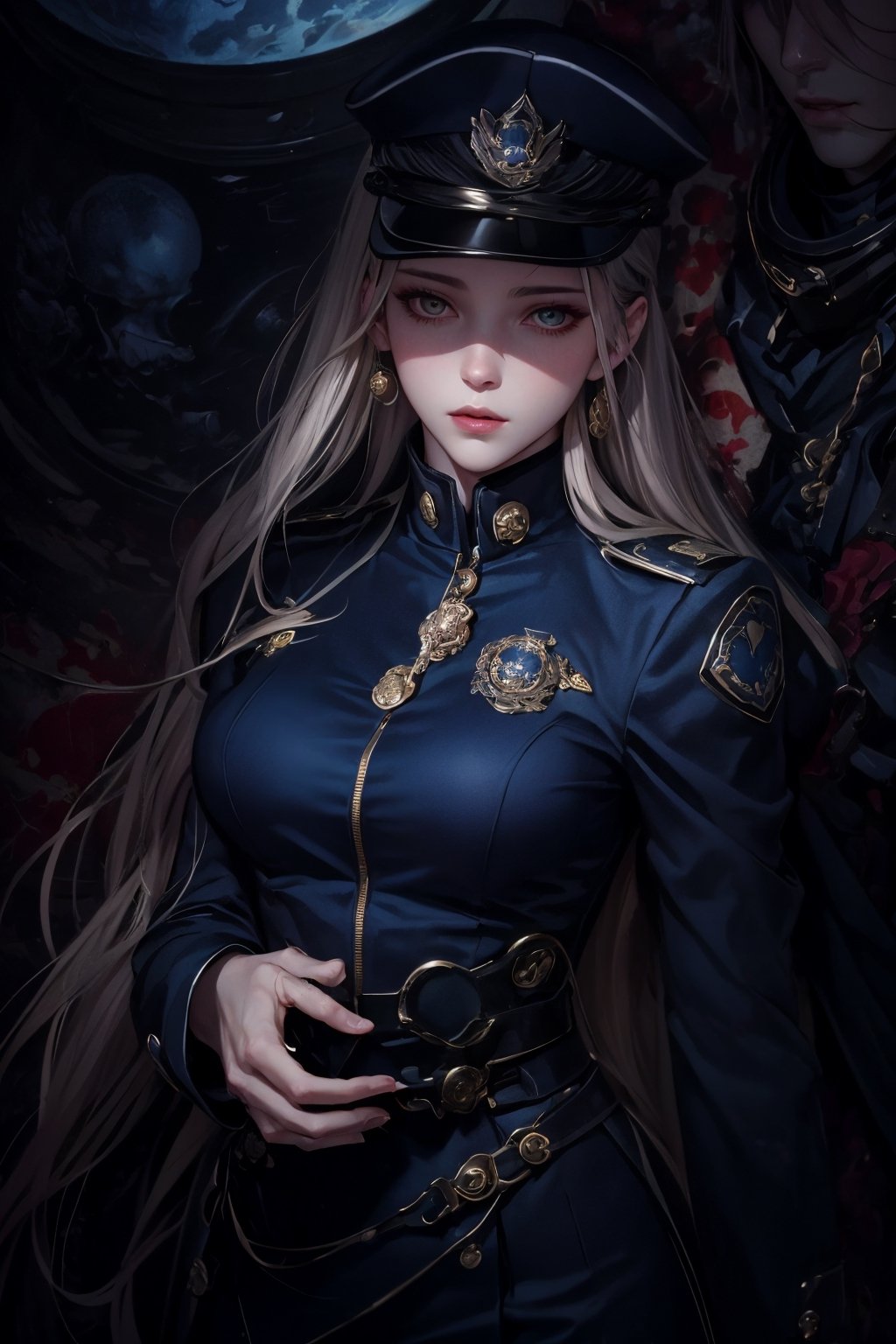 Create an image of a female character in a futuristic military uniform, with long, silky golden hair in gentle waves down to her waist. Her large, luminous amber eyes should be framed by delicate lashes, with porcelain-like skin and a hint of blush on her cheeks. The uniform should be deep ocean blue with bright golden touches and distinctive badges on the shoulders to highlight her position. Her left hand should be delicately supporting a realistic globe, showcasing her protective yet firm demeanor. The backdrop should be a blend of soft and technological elements, reflecting her dual nature of tenderness and determination. The art style should be in the aesthetic of high-detail anime, with a vertical aspect ratio.