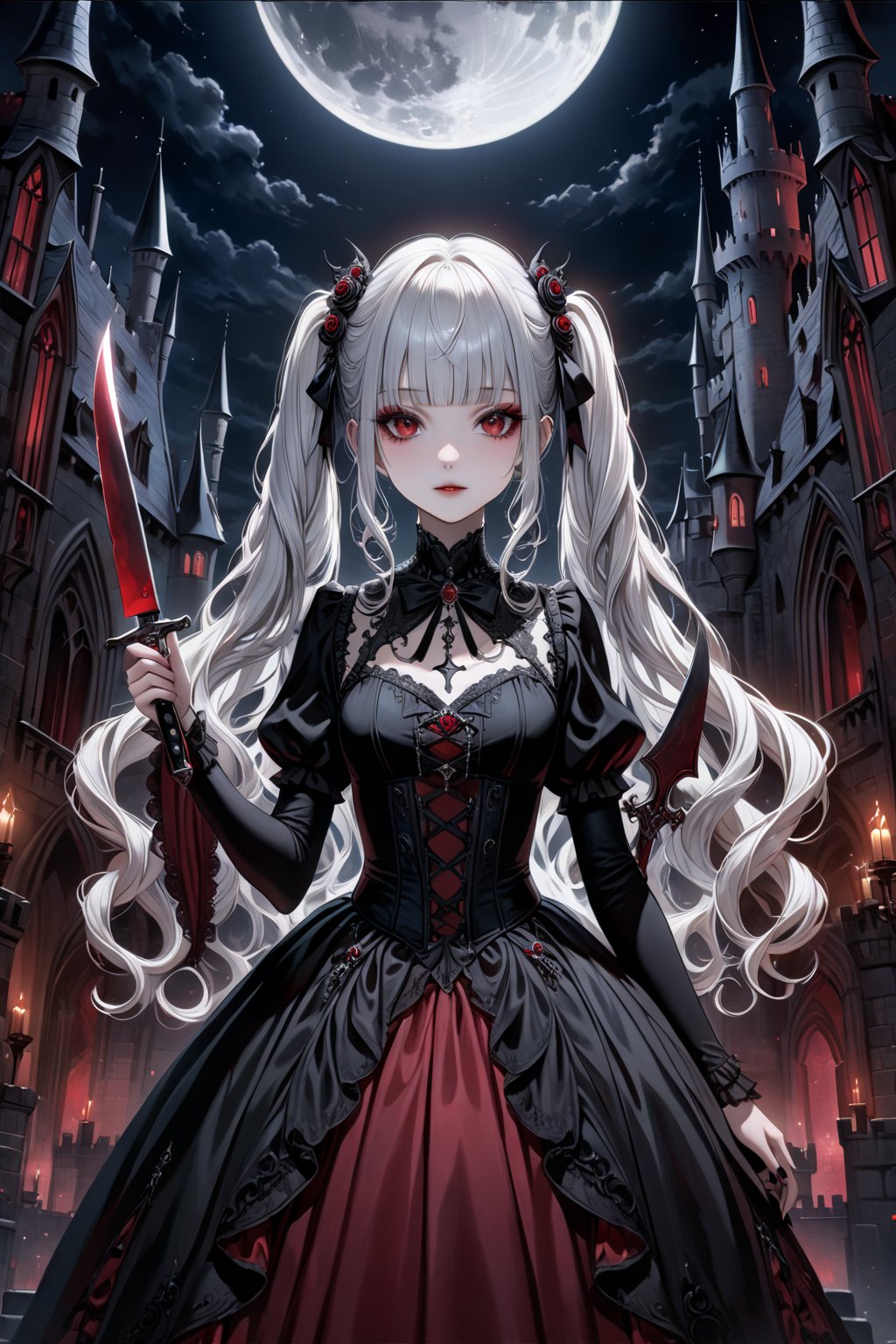 (masterpiece,ultra detailed,high-quality,8k,professional,UHD,)Gothic theme, dark theme, gothic makeup,hair ornaments, white hair,(blunt  bangs, curly hair,twin ponytails),red eyes,ruby-like eyes,gothic dress,Castle, moonlit night, Holding a knife in both hands, pointing to the sky
