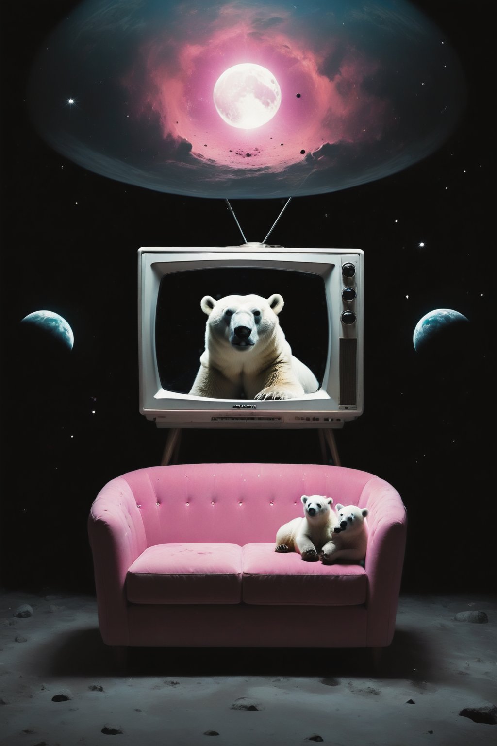 A polar bear sitting on a retro sofa watching an old TV set from the 1980s, lonely, wide angle, long shot,on the moon.  Behind the polar bear , there's a galactic pink view of Earth from space, with the planet appearing to be exploding. The vastness of space is filled with stars, explosion fragments, and the moon's surface is dotted with rocks and craters., photo,full body,long shot, wide angle