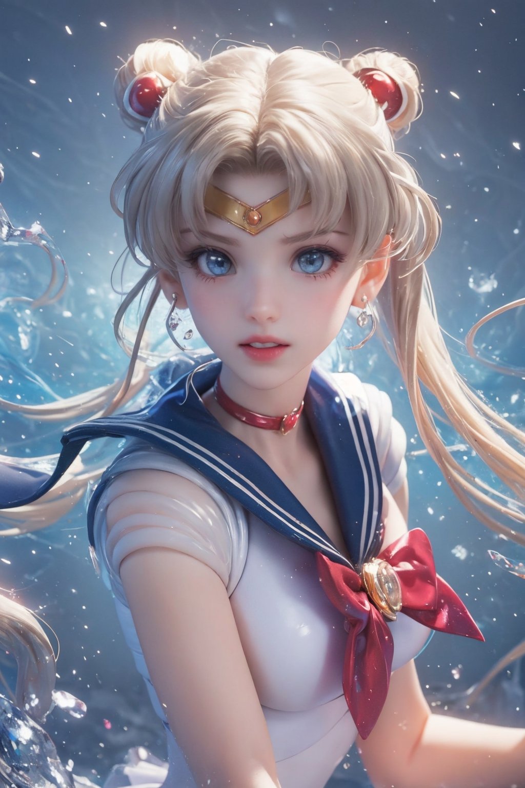 Masterpiece,Usagi Tsukino from Sailor Moon, (hair styled into two buns on the top of head, with twin tales swaying),double bun,（long, golden hair,）dynamic pose, (UHD, 8K wallpaper, High resolution), Cinematic lighting, award-winning, upper body shot, extremely  detailed skin, extra detailed face, high detail eyes,blue crystal big eyes,Sailor Moon clothing,, photo-realistic, Zeiss 85 mm F/1.4, sailor moon