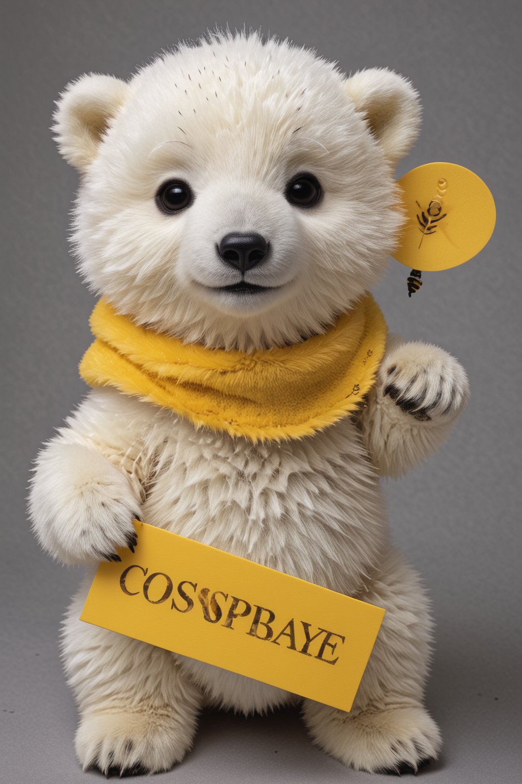 Film lighting,A cute polar bear cub,  in comically ill fitting bee-costume-, (holding sign with text ), in the style of, meticulous details, ultimate photo-realistic, (holding sign that reads "cosplay BEE" ), 32k, Photo realism, Hyper-realistic, analog style, realistic, film photography, 
 (Masterpiece, award-winning work) many details, extremely meticulous, high quality,  real photo shot, art composition,more detail XL,,,<lora:659095807385103906:1.0>