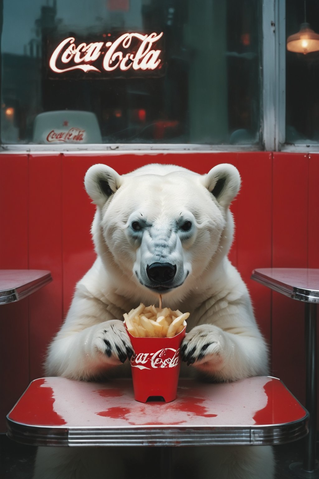 a lonely and depressed baby polar bear  is eating a hamburger and fries,Coca-Cola, beside the window in a deserted cafe diner in New York in 1990s ,photographed by Miles Aldridge.white and red,full body