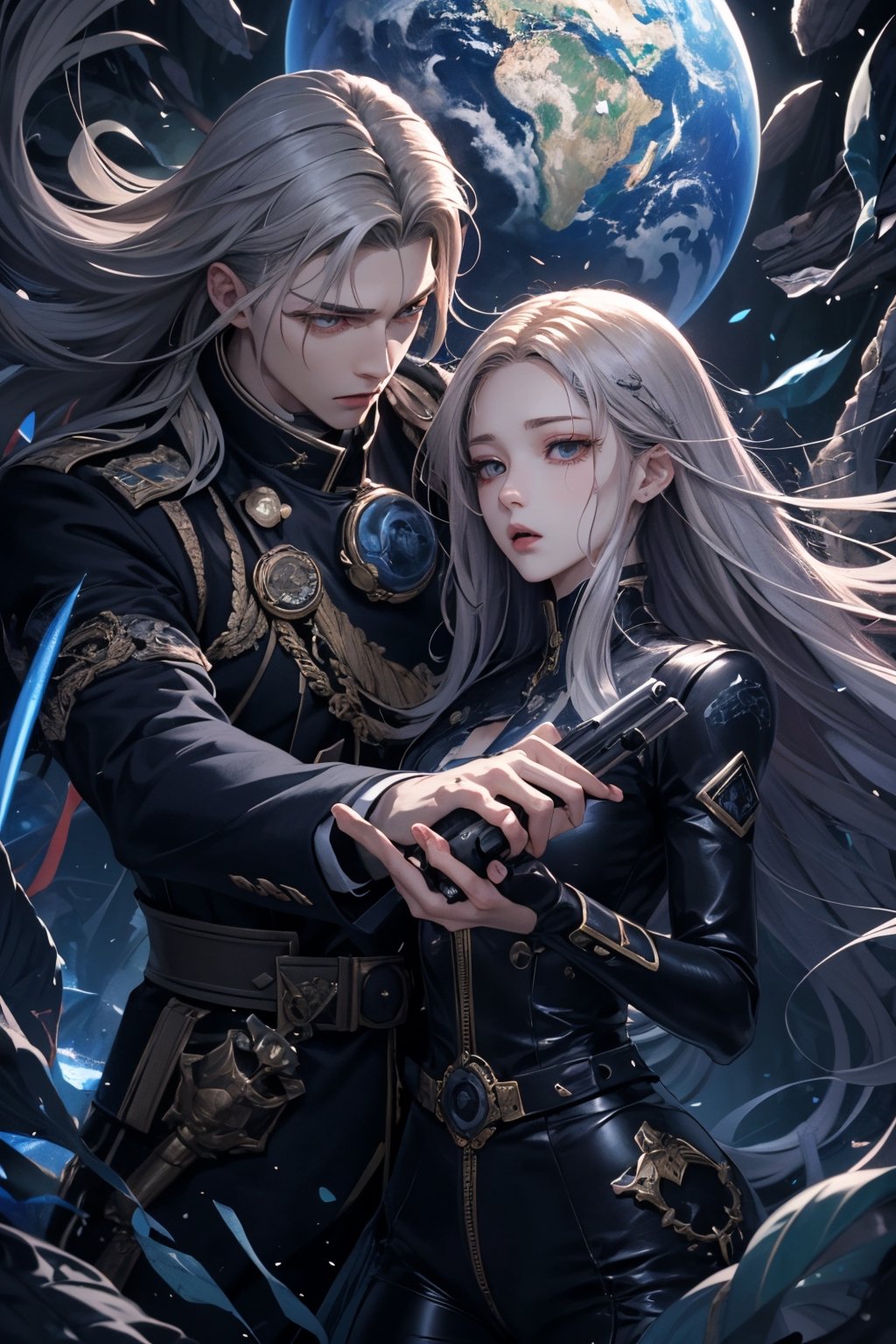 During the battle, the globe gets damaged, causing vivid holographic projections of possible future scenarios for Earth to appear around the protagonists. The male protagonist, with sleek silver-gray hair, reacts with shock while still firing his weapon. The female protagonist, her long golden hair flowing, looks on in awe at the unfolding visions, which include flourishing forests and devastated cities. The surrounding rebels pause, captivated by the images. This mix of high-energy combat and reflective moments captures both the action and the speculative sci-fi elements, presented in a detailed Korean manhwa style, vertical aspect ratio.