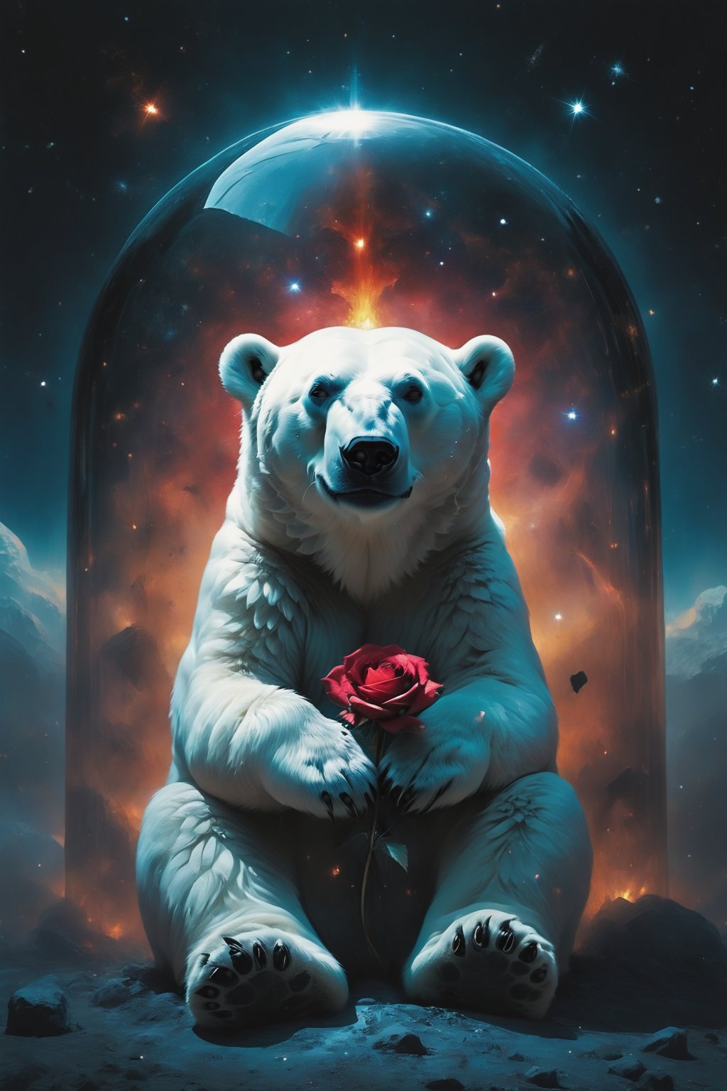 A polar bear Sitting on the ground with his head lowered and hugging his knees, He gazes at a rose that is protected by a glass dome,with smoke from fans exploding in the air.on a planet in the galaxy. with a deep blue starlit background,The vastness of space is filled with stars, explosion fragments, , photo,