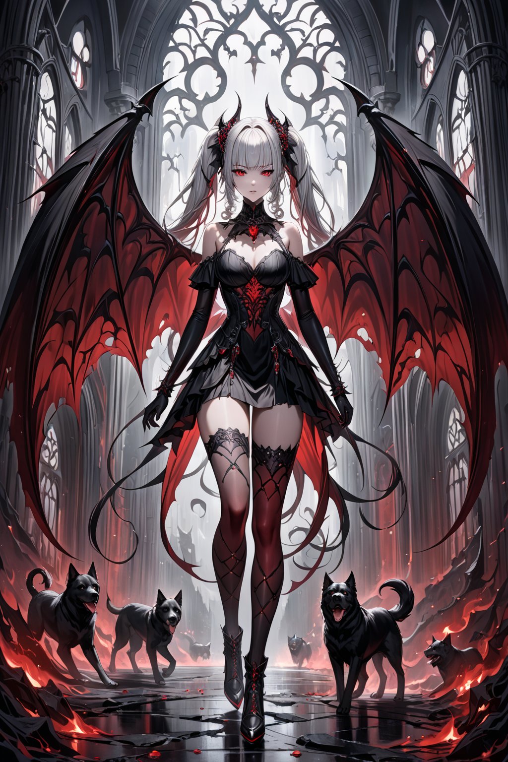 (masterpiece,ultra detailed,high-quality,8k,professional,UHD,)Gothic theme, dark theme, gothic makeup,hair ornaments, long white hair,(blunt  bangs, curly hair,twin ponytails),red eyes,ruby-like eyes , full body,A powerful and imposing girl,standing ,She is dressed in a revealing, intricately designed black outfit adorned with thorn-like patterns, emphasizing an aura of strength and dominance. Dark, bat-like wings extend from her back, 
Flanking her are two ferocious, demonic black dogs with glowing red eyes and snarling expressions, their mouths dripping with an ominous red substance. 