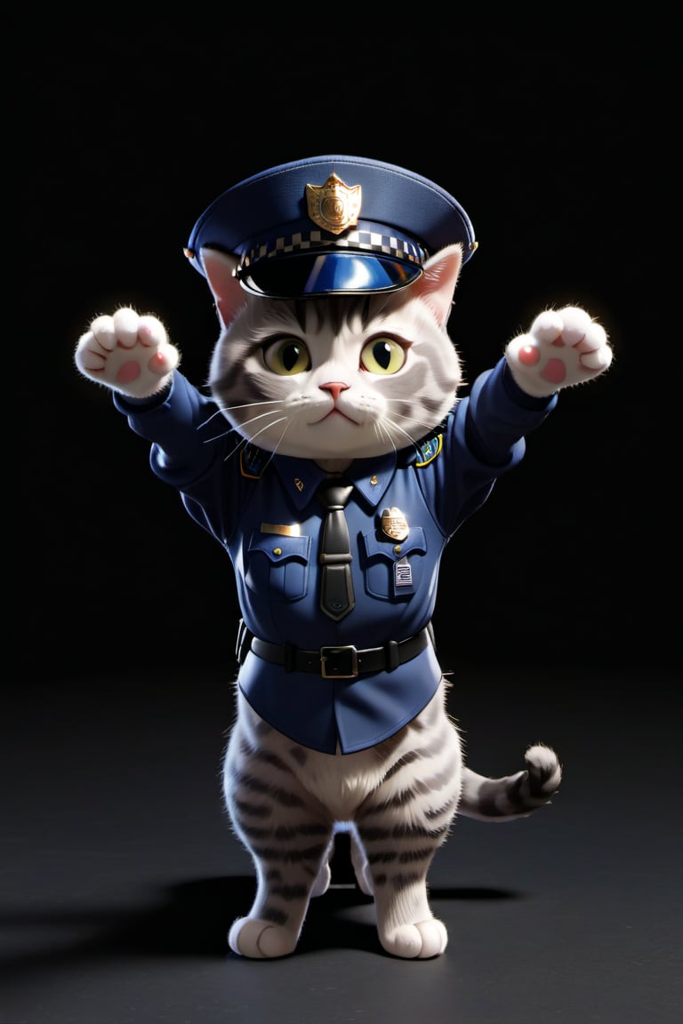 black cat with a little white, standing like a human ,arms stretched out, front view, cat in police officer costume, wearing police officer hat,studio light style photographic portrait, black background, high resolution photo