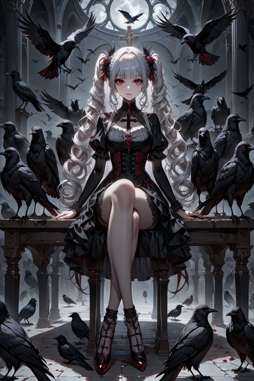 (masterpiece,ultra detailed,high-quality,8k,professional,UHD,)Gothic theme, dark theme, gothic makeup,hair ornaments, long white hair,(blunt  bangs, curly hair,twin ponytails),red eyes,ruby-like eyes , full body shot,Sit on the table, cross legs, Raise an arm, and a crow lands in the palm of your hand, surrounded by black crows,
side shot,Expressiveh