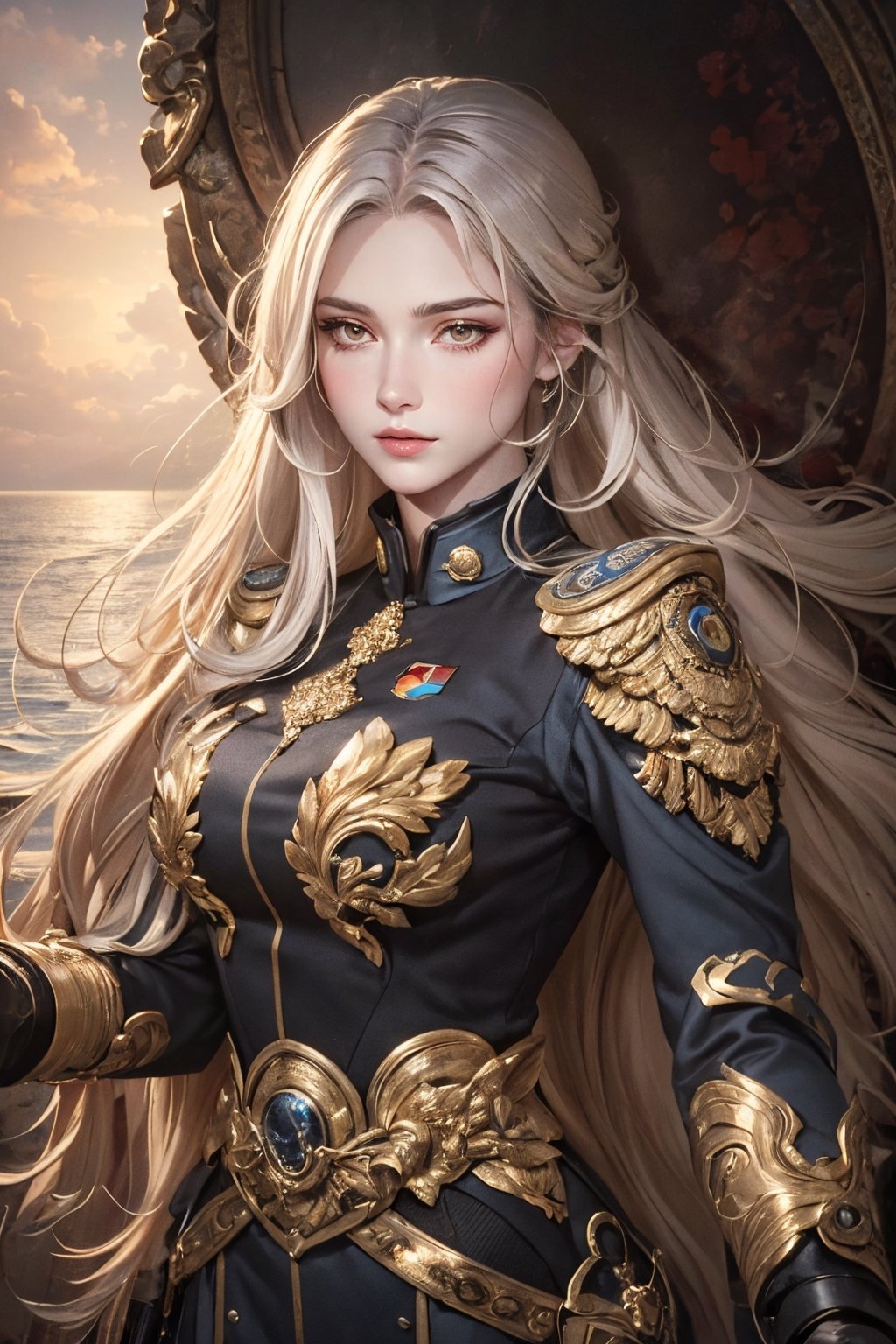 Create an image of a female character in a futuristic military uniform, with long, silky golden hair in gentle waves down to her waist. Her large, luminous amber eyes should be framed by delicate lashes, with porcelain-like skin and a hint of blush on her cheeks. The uniform should be deep ocean blue with bright golden touches and distinctive badges on the shoulders to highlight her position. Her left hand should be delicately supporting a realistic globe, showcasing her protective yet firm demeanor. The backdrop should be a blend of soft and technological elements, reflecting her dual nature of tenderness and determination. The art style should be in the aesthetic of high-detail anime, with a vertical aspect ratio.