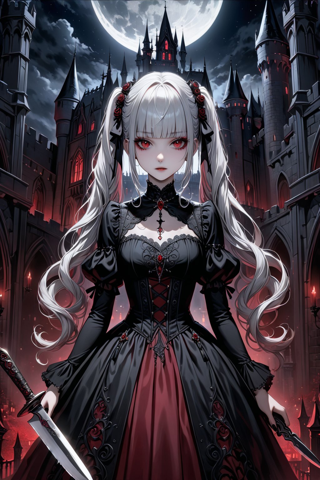 (masterpiece,ultra detailed,high-quality,8k,professional,UHD,)Gothic theme, dark theme, gothic makeup,hair ornaments, white hair,(blunt  bangs, curly hair,twin ponytails),red eyes,ruby-like eyes,gothic dress,Castle, moonlit night, Tensionous picture, Sharpen the knife
