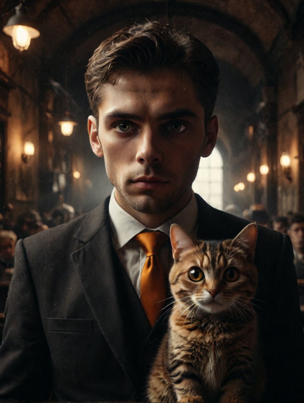 Cinematic lighting,Create an image of an individual in a Black suit uniform and tie, holding a orange and cat with big eyes. capturing the essence of elegance and companionship between individual and pet.
photo realism, DSLR, 8k uhd, hdr, ultra-detailed, high quality, high contrast (Masterpiece, award-winning work) many details, extremely meticulous, high quality, real photo shot, art composition,more detail XL
