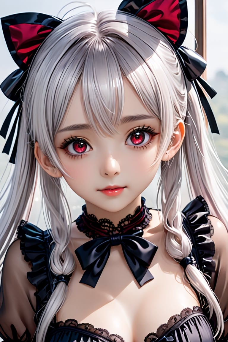 (photorealistic:1.4), (masterpiece, sidelights, exquisite gentle eyes), (character focus,face focus,close to viewer,portrait,masterpiece) ,anime colored,,cute face、 3D face,,(white hair,twintails,long hair),(1 girl),standing,(dark red eyes),gothic makeup,long and curly eyelashes,lolita headband,(upper body:1.5),(gothic black lace lolita dress:1.5),white skin,blush、hair ribbon、 (cute face),(light smile:1.5),Gentle face,(gradient background:1.5)、(glowing eyes)、 neat and clean、adorable、Slim Body,(tareme:1.5),shiny hair, shiny skin,niji,manga,From Behind,xxmix_girl,more detail XL,anime