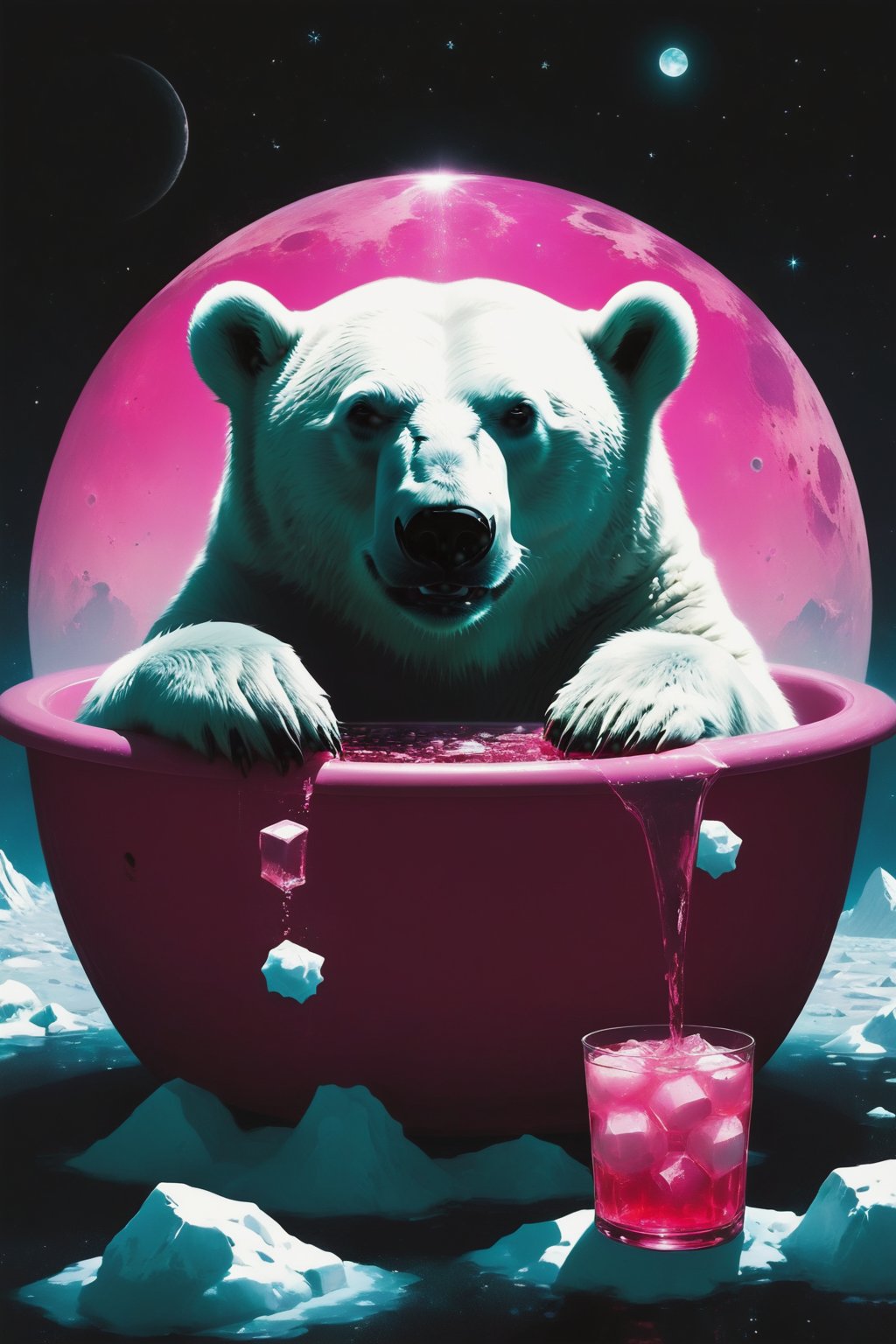 A polar bear Lying in a pink bathtub filled with ice cubes, body covered in ice cubes, holding a drink in hand ,
Take a leisurely bath,on the moon.  Behind the polar bear , there's a galactic pink view of Earth from space, with the planet appearing to be exploding. The vastness of space is filled with stars, explosion fragments, and the moon's surface is dotted with rocks and craters., photo